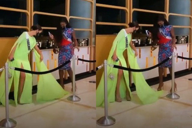 Hoa hậu Hoàn vũ Thái Lan bị bạn thi đạp rách váy
